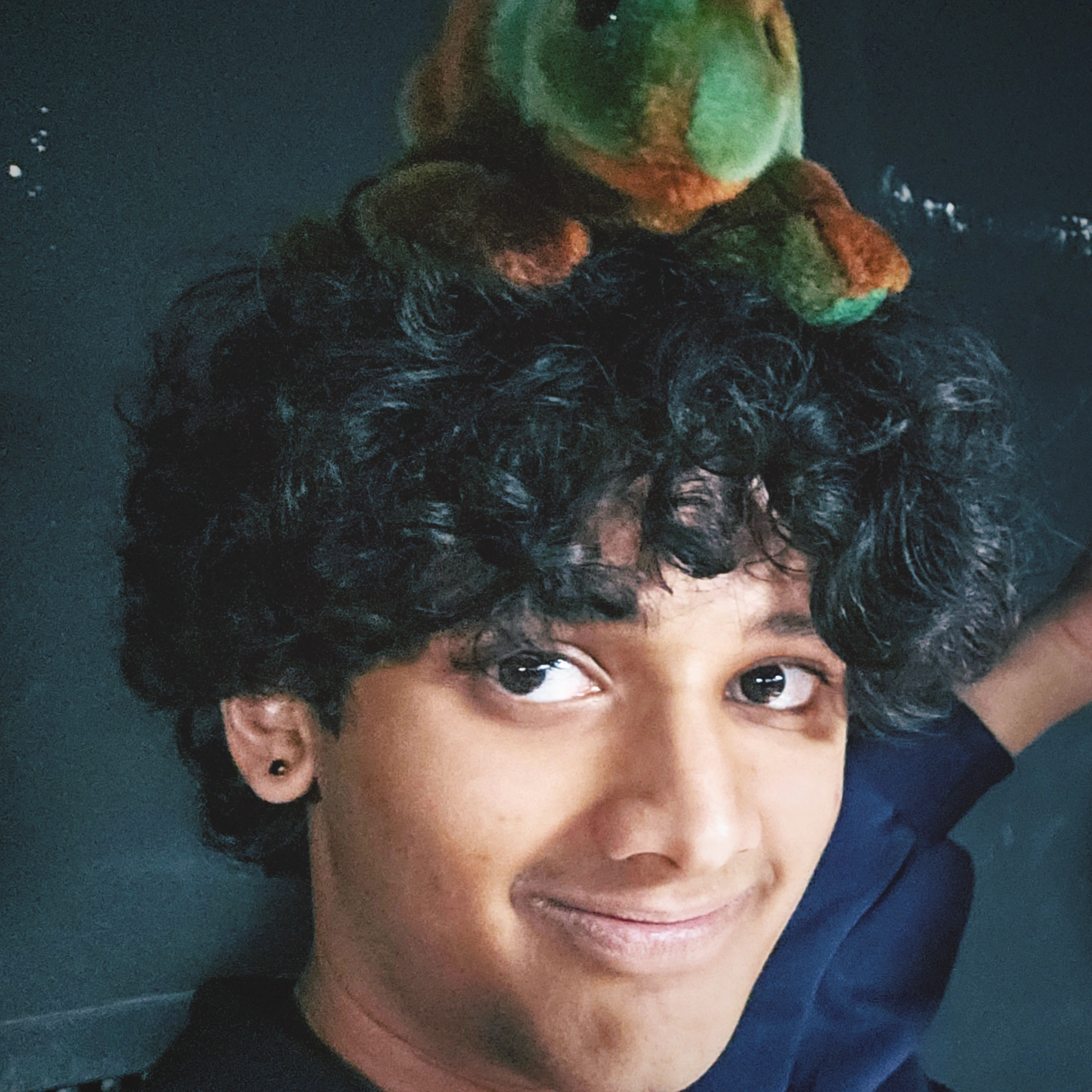 sragvee with a dinosaur on his head